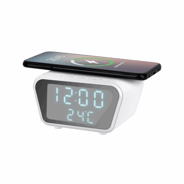Digitálny budík s bezdrôtovou nabíjačkou (biely)