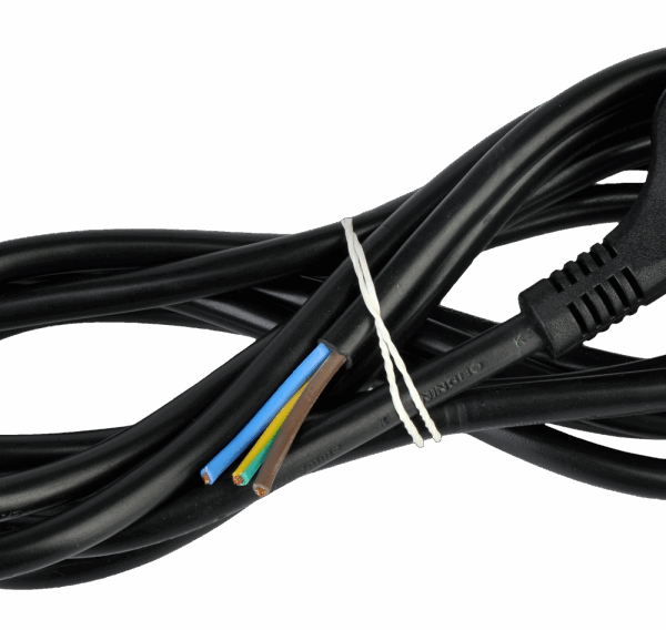 Čierny elektrický kábel 1,5m 3x1,5mm ukončený lomenou zástrčkou s uzemnením