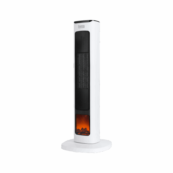 Stĺpový ventilátorový ohrievač PTC Teesa s funkciou imitácie krbu.