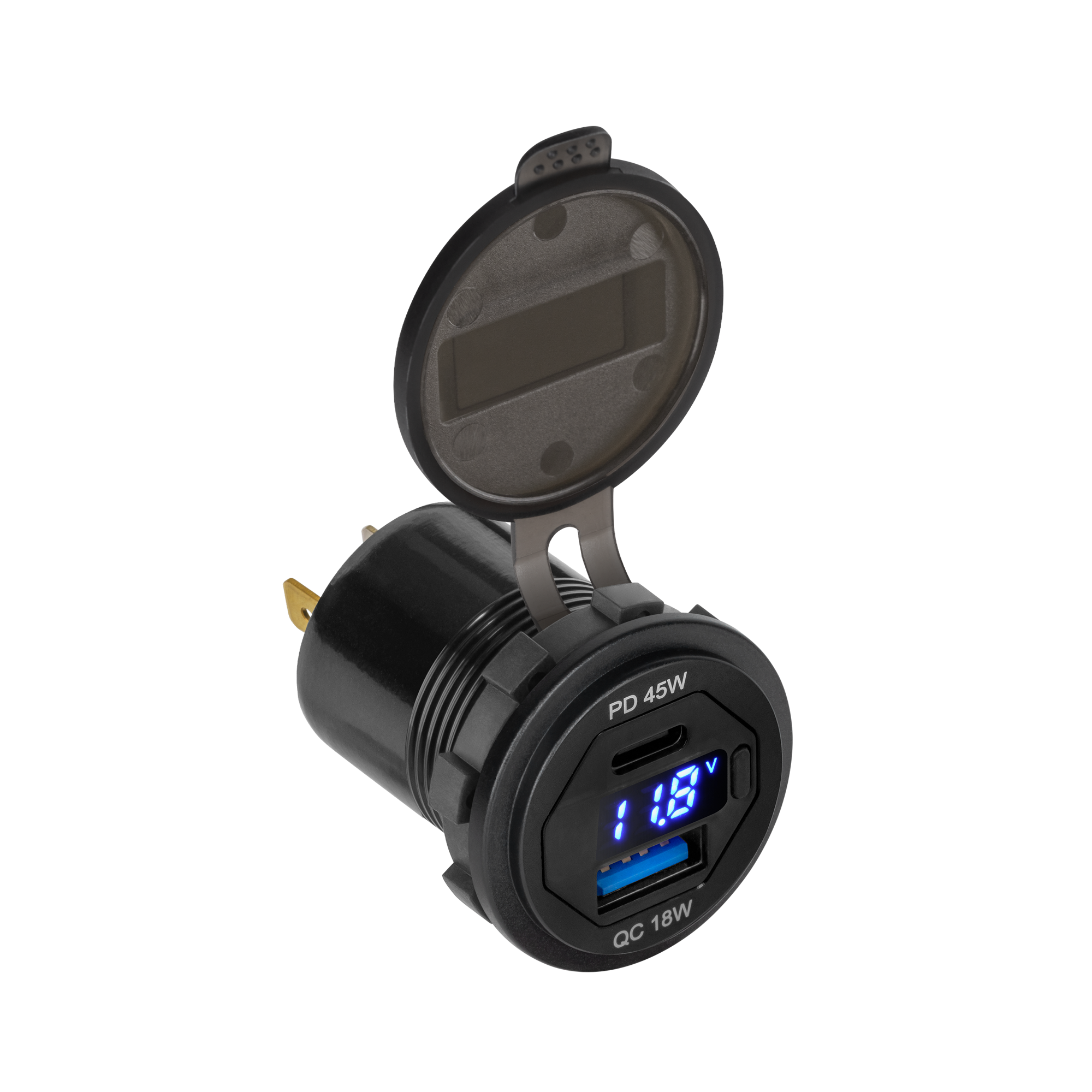 ladowarka-samochodowa-usb-usb-typu-c-z-funkcja-quick-charge-power-delivery-i-miernikiem-napiecia-63w-2a51643477b7412c9ad886025fe5cc1e-d993cba6 USB+USB autonabíjačka typu C s rýchlym nabíjaním, dodávkou energie a meračom napätia 63W – Obrázok 1